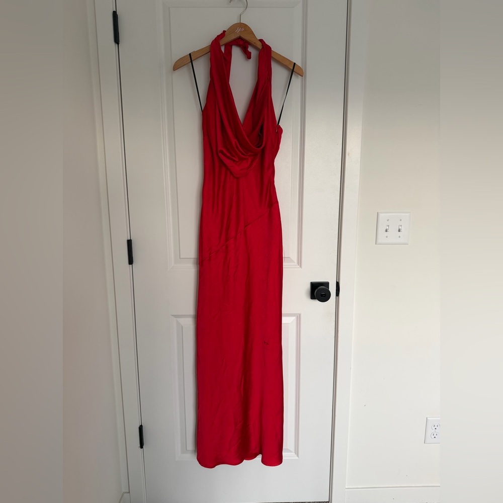 Princess Polly Silk Red Backless Maxi Dress Cowl Neck - Picture 3 of 6